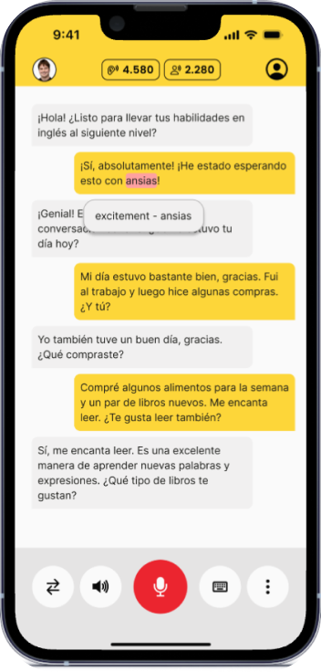 A smartphone screen showing a language learning app interface with a Spanish conversation practice. The conversation is in Spanish with yellow and white speech bubbles. The user and the app are discussing their day, shopping, and reading preferences. There is a translation pop-up over the word "ansias" showing its English equivalent "excitement." At the top of the screen, points and levels are displayed, and at the bottom, there are buttons for repeat, microphone, and other options. yourteacher.ai