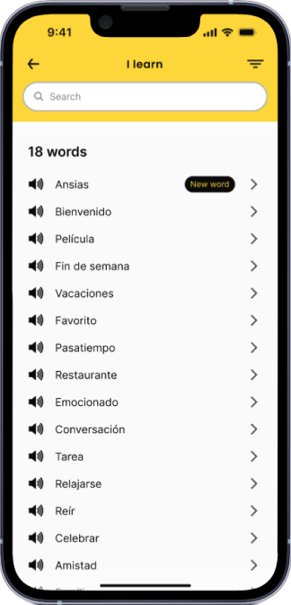 A smartphone screen showing a language learning app with a section titled "I learn." The screen displays a list of 18 words in Spanish, each with a speaker icon for pronunciation. The word "Ansias" is marked as "New word." Other words include Bienvenido, Película, Fin de semana, Vacaciones, Favorito, Pasatiempo, Restaurante, Emocionado, Conversación, Tarea, Relajarse, Reír, Celebrar, and Amistad. yourteacher.ai